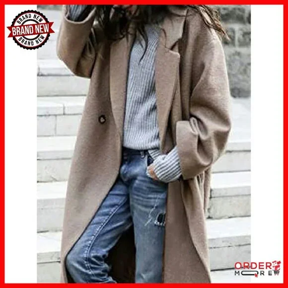 Oversized Wool Blend Trench Coat Midi Length Notched Collar - Picture 4 of 8